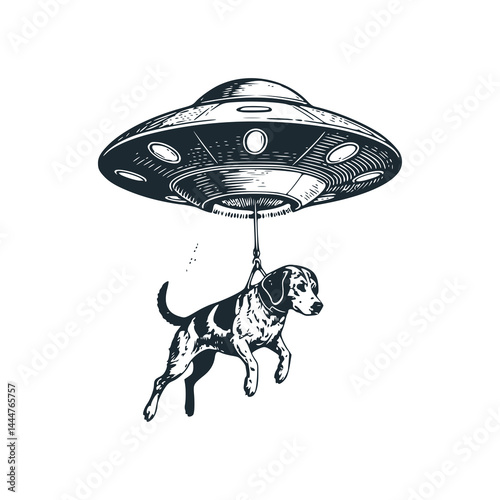 Dog Being Abducted by Alien UFO Spaceship – Black and White Icon Vector and Illustration