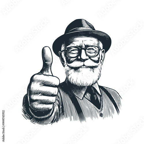 Elderly Man Wearing Bowler Hat Giving Thumbs Up – Black and White Icon Vector and Illustration