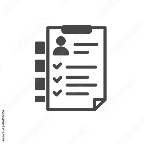 Document of Examination: A minimalistic icon of a document, checklist and form with detailed check boxes and human figure profile that suggest evaluation process. 