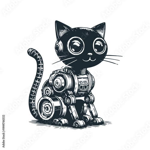 Cyborg Cat Robot – Black and White Icon Vector and Illustration