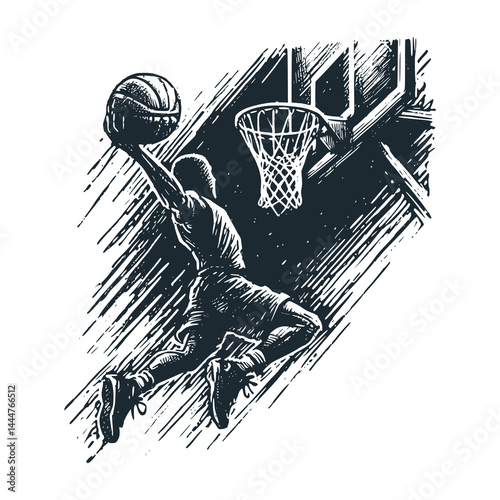 Basketball Player Performing a Slam Dunk – Black and White Icon Vector and Illustration