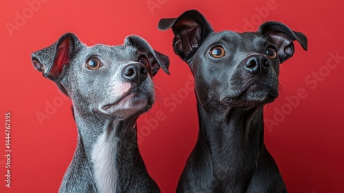 Two elegant whippets gazing upward, on a solid, deep red-colored background