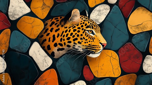 Majestic Leopard Head Surrounded by Vibrant Colorful Rocks Creating a Striking Natural Visual Contrast