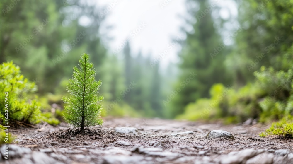 Fototapeta premium Small pine sapling growing on a rocky dirt path in a lush green forest during daytime.