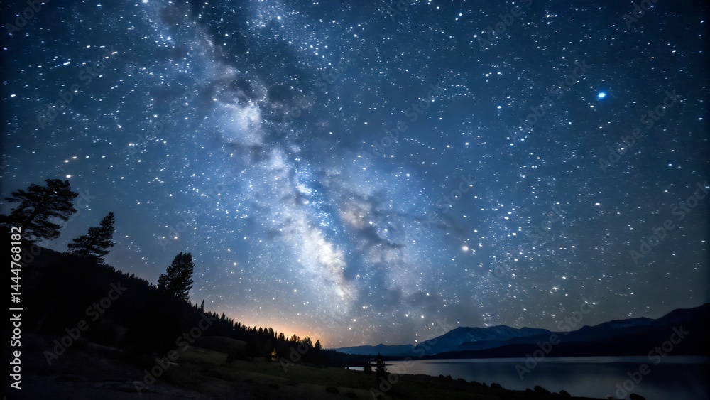 Fototapeta premium Starry night landscape with mountains and a valley trail