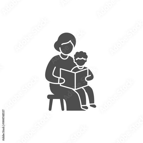  Reading Together: A heartwarming monochrome illustration of a mother and child engaged in a book, seated closely together, promoting the joy of family time and literacy.