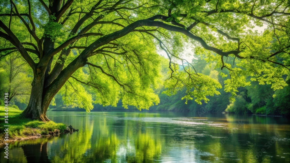 Fototapeta premium A serene lush green tree majestically hangs over a peaceful river, its leaves gently swaying in the breeze