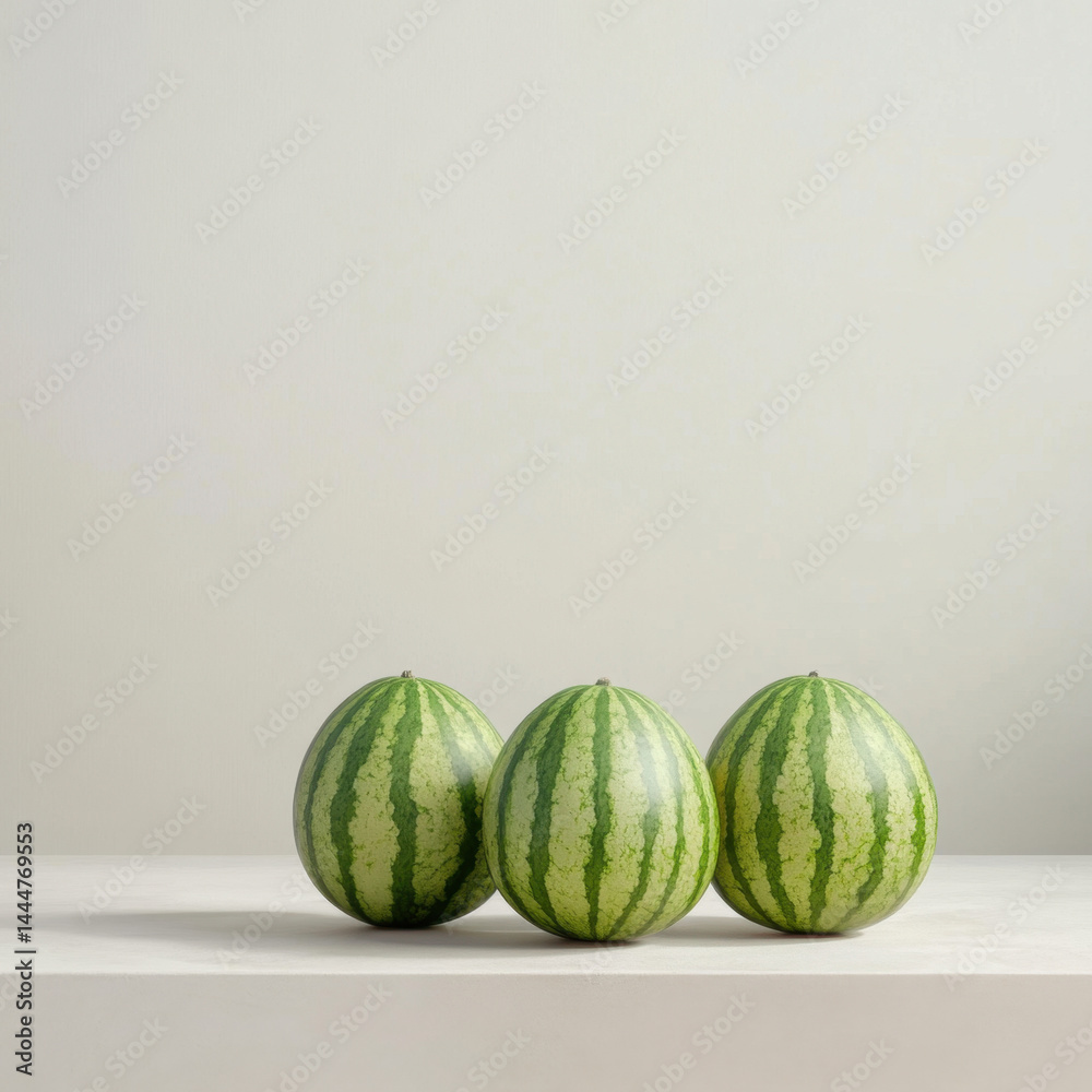 Three realistic watermelons with green striped skin are placed on solid white surface, creating fresh and minimalistic composition with calm atmosphere Three realistic watermelons with green striped skin are placed on solid white surface, creating fresh and minimalistic composition with calm atmosphere