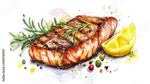Grilled Salmon Watercolor Culinary Delight.