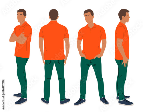 Casual man character standing in different poses front, rear, side view. Handsome young guy in red polo t-shirt, green pants, sneakers. Set of vector realistic illustrations on transparent background.
