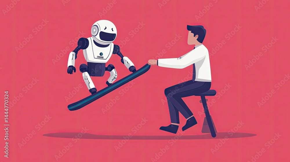 Fototapeta premium Robot Snowboarding Fun Man AI Teamwork.