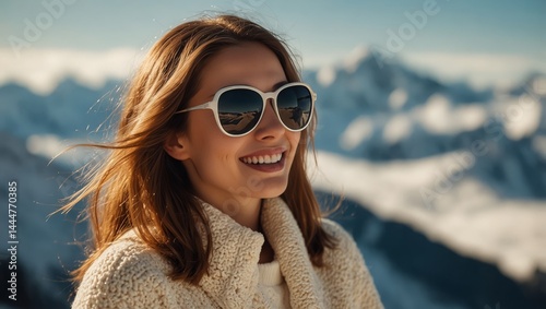  Cheerful woman in sunglasses embraces the sunshine surrounded by snowy mountains on sunny day 