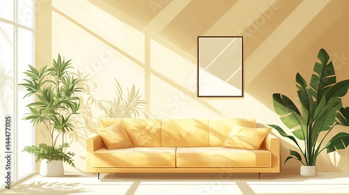 Cozy Modern Living Room Featuring Plush Couch Lush Green Plant and Warm Natural Light Creating Serenity