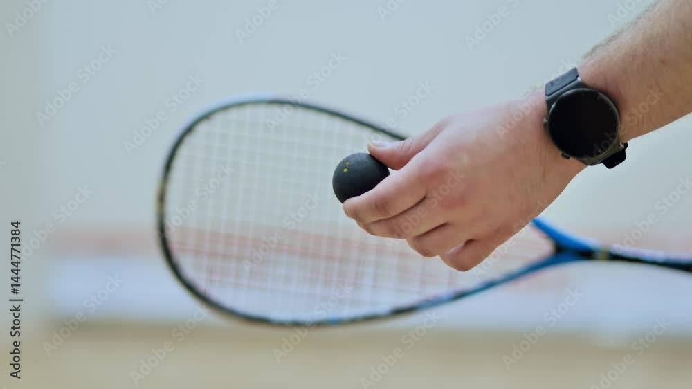 Man's hand of squash player holding ball and racket preparing for game indoors