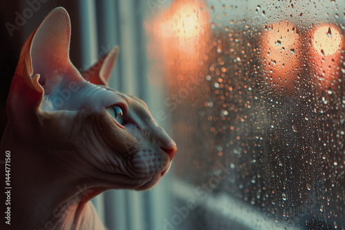 A sphynx cat gazes out a rain-covered window as warm candlelight glows behind, creating a cozy and introspective atmosphere perfect for autumn or winter evenings.
 photo