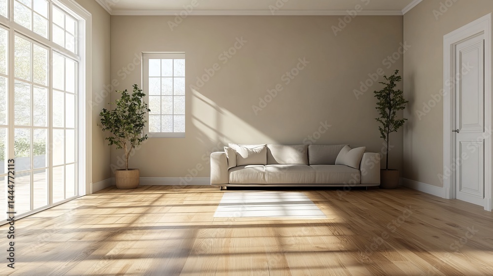 Fototapeta premium Cozy Modern Living Room Featuring Comfortable Couch and Bright Window with Natural Light and Decor