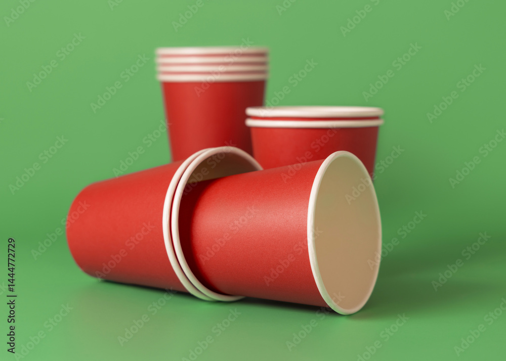 Disposable red paper cups on a green closeup, mockup. No plastic and sustainable Christmas