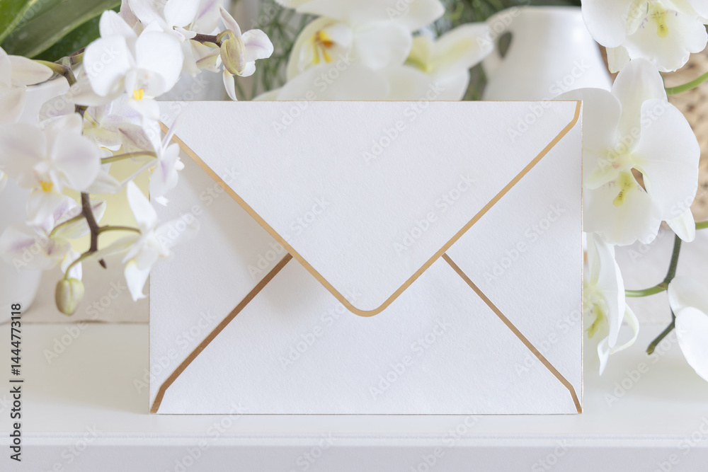 Envelope near white orchid flowers on table close up, pastel romantic wedding mockup