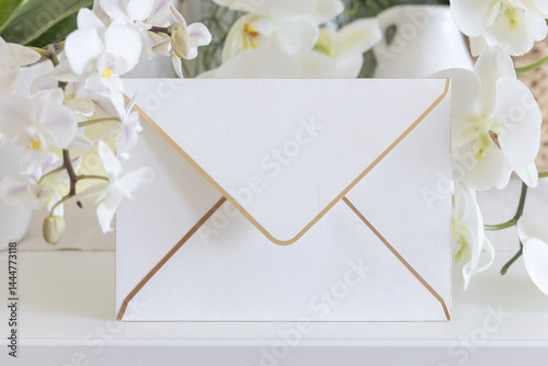 Obraz na płótnie Envelope near white orchid flowers on table close up, pastel romantic wedding mockup w salonie