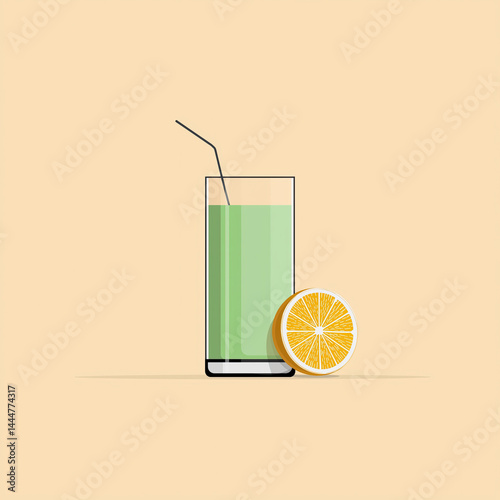 Minimalist flat illustration of a tall glass of green juice with a slice of citrus beside it.


