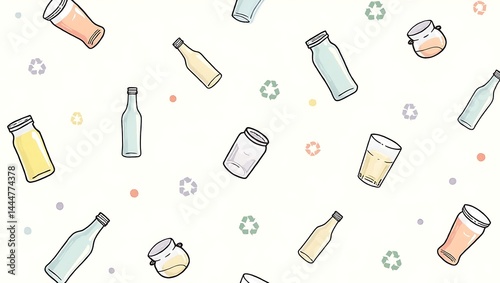 Seamless Pattern of Glass Bottles, Jars, and Cups for Recycling
