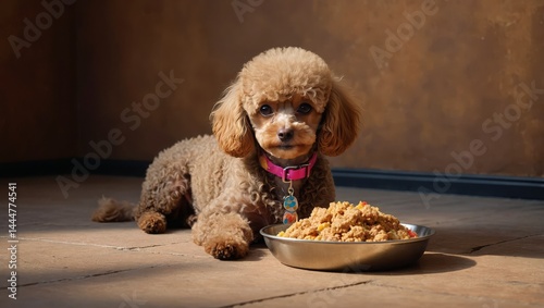 Cute Toy Poodle dog with bowl of food sitting near brown wall