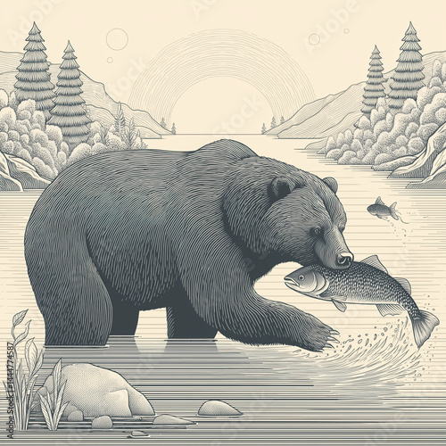 Wildlife nature art showing a bear mid-hunt with dynamic water splash detail.

