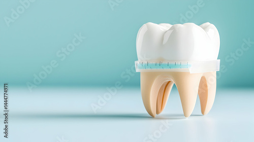 A dental illustration showing a tooth model with a measuring tool. Useful for educational materials dental websites or advertisements for dentists and dental products.