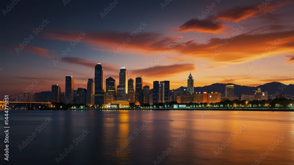 Fototapeta premium view of the sun setting behind the city
