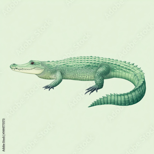 Illustration of a green crocodile with intricate scales and a neutral background.

