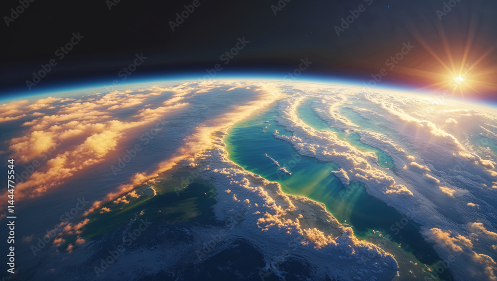 Obraz premium Amazing view of the sunrise over the Earth, seen from space, showcasing our planet's beauty.