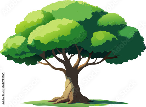 A single green tree shaped like a dome, with layered canopy and soft shadows, isolated on white. Use lush green tones and watercolor texture. Isolated on White Background