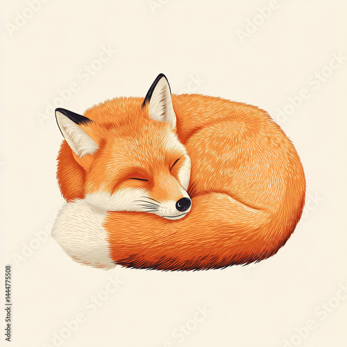 Cozy curled-up fox sleeping peacefully, depicted in soft, warm tones.

