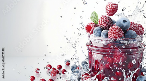 A peaceful composition of raspberries positioned on a frosted glass slab, isolated on a pristine white setting. Juice trickles softly onto the berries, catching the light under soft daylight.