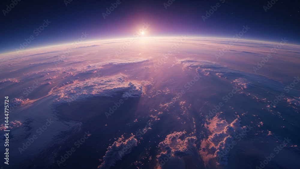 Spectacular view of the Earth from space, highlighting a vibrant sunrise over the cloud cover. Spectacular view of the Earth from space, highlighting a vibrant sunrise over the cloud cover.