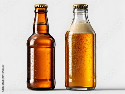 Two glass bottles of beer one amber one clear with condensation showing product placement potential.