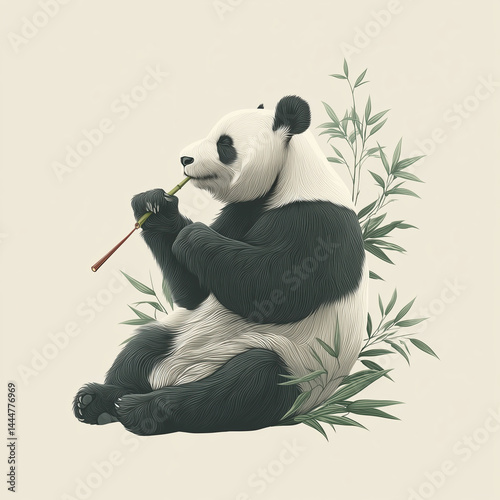Seated panda munching on bamboo with surrounding leafy greenery.

