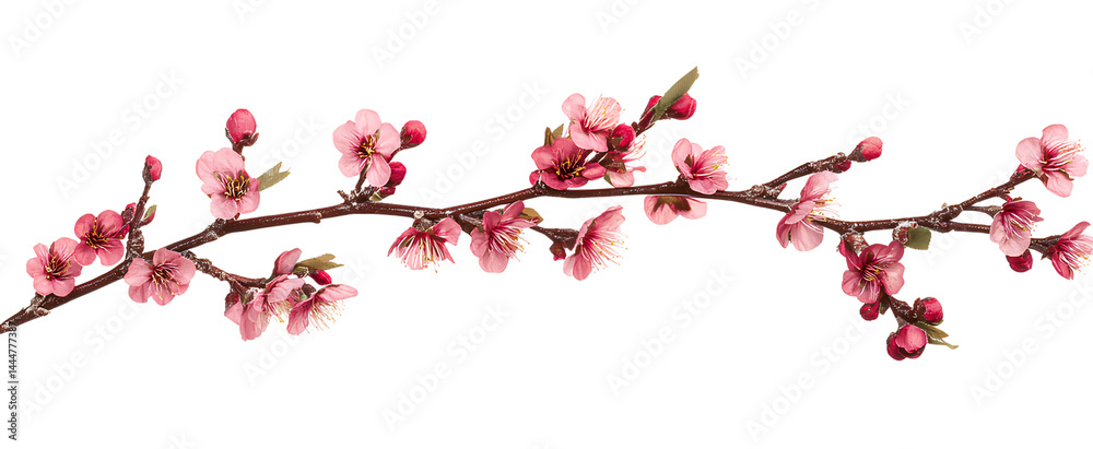 Fototapeta premium Cherry blossom branch, pink flowers isolated on a transparent background, cutout PNG file for graphic design elements, high-resolution PNG stock. 