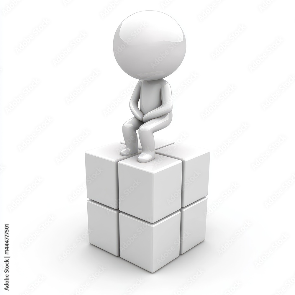 White 3D figure seated atop a cube structure. White 3D figure seated atop a cube structure.