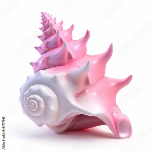Pink seashell with spiraled design and pointed tips.