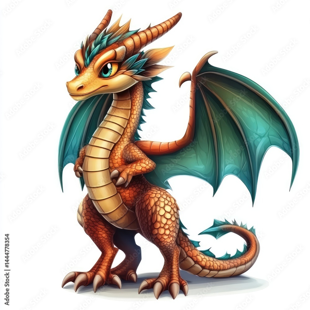 Fototapeta premium Cute, orange-and-teal dragon, posed in profile.