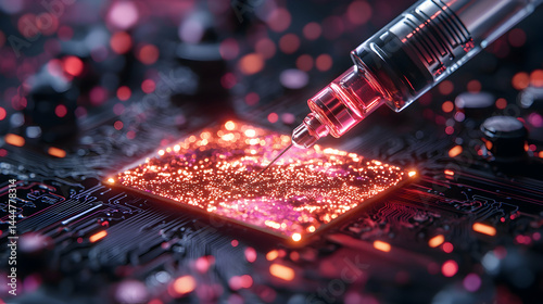 A syringe injecting glowing liquid into a circuit board suggesting technology enhancement or medical advancements. It can be used in science fiction or tech illustrations.