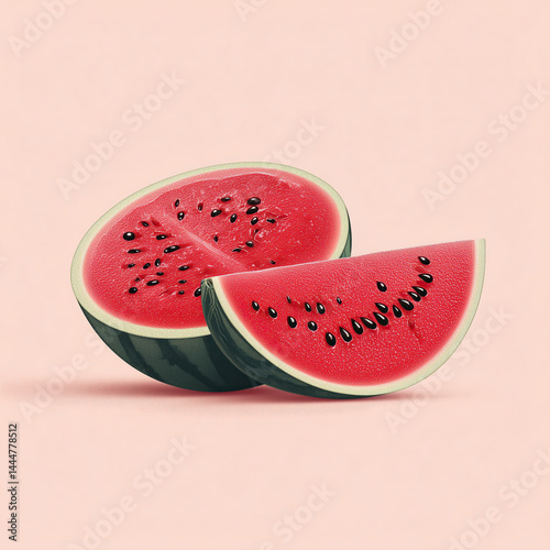Juicy red watermelon with seeds and a sliced wedge in the foreground.

