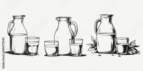 milk jug with glass sketch illustration