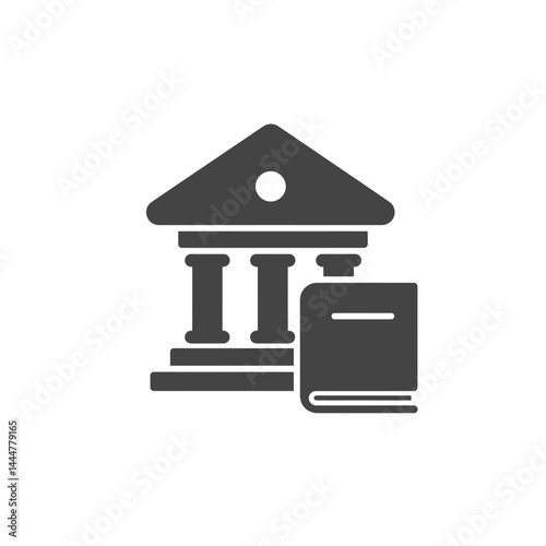 Classic Institution and Open Book: A vector graphic showcases a historical institution paired with an open book, symbolizing education and enlightenment in a minimalist design.