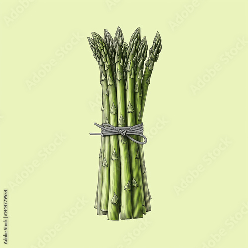Stylized bundle of upright asparagus stalks tied with a ribbon on soft green backdrop.

