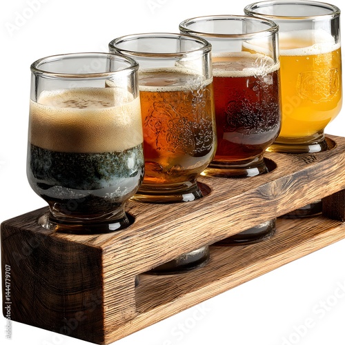 A rustic wooden beer flight sampler holds four glasses of different craft beers ready for tasting and enjoying.