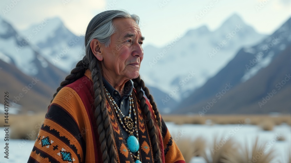 Naklejka premium Elder Indigenous Man With Braids And Mountains