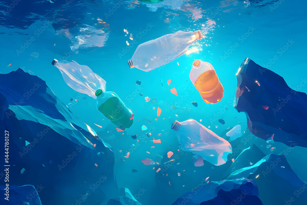 Fototapeta premium Plastic waste pollution in the ocean with plastic bottles and debris floating underwater