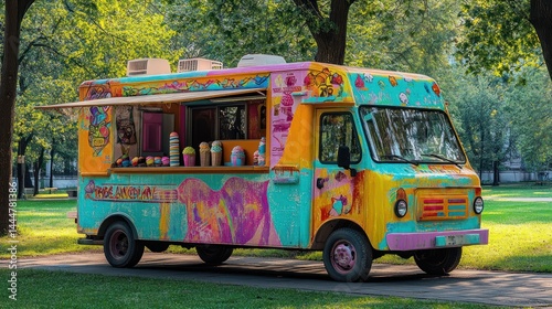 Whimsical ice cream truck with vibrant graffiti art parked in lush park